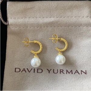David Yurman Gold-Tone Rope Hoop Earrings with Pearl Drops - Gold/White